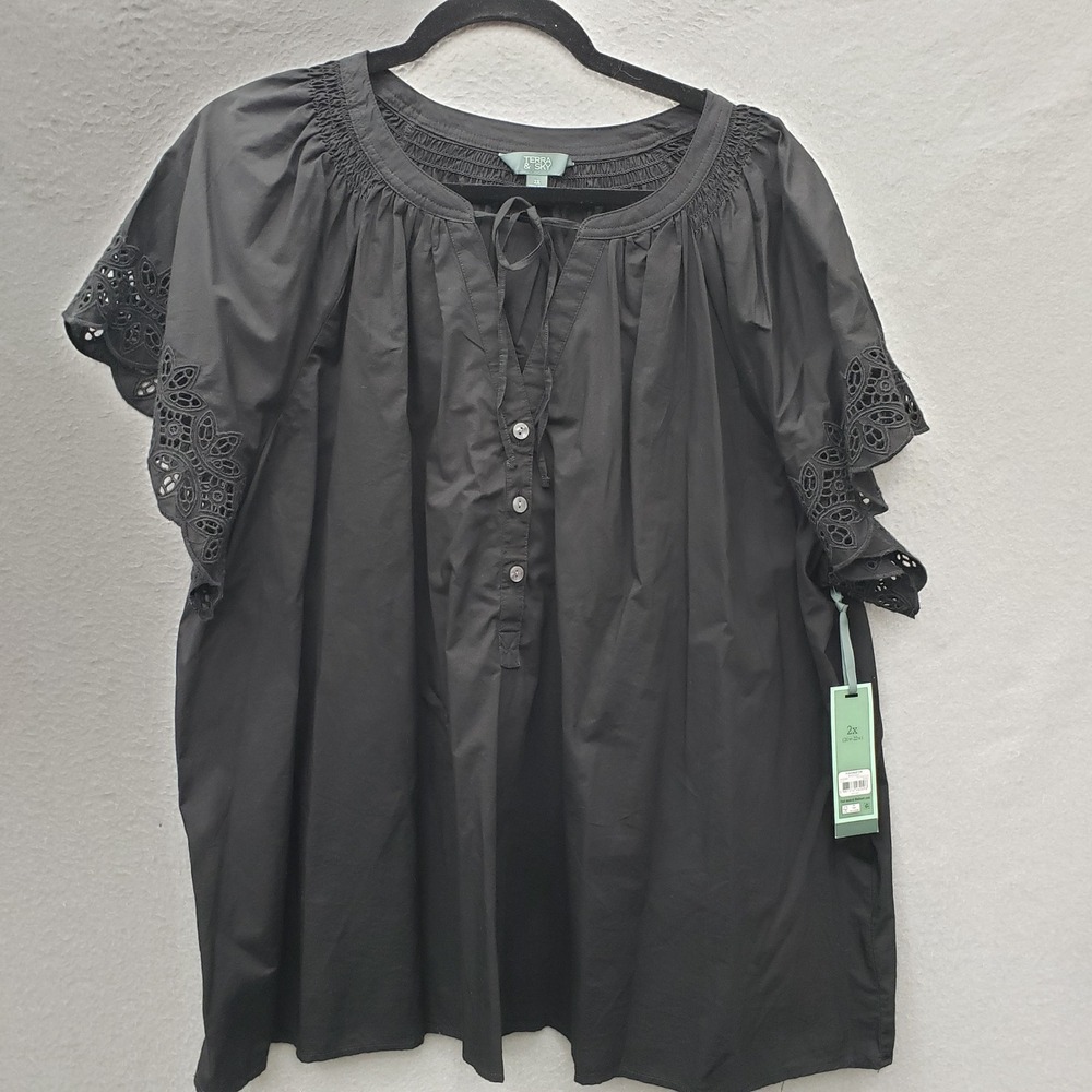Terra & Sky Eyelet Lace Trim Button Up Black 100% Cotton Cottagecore Boho 2X NWT